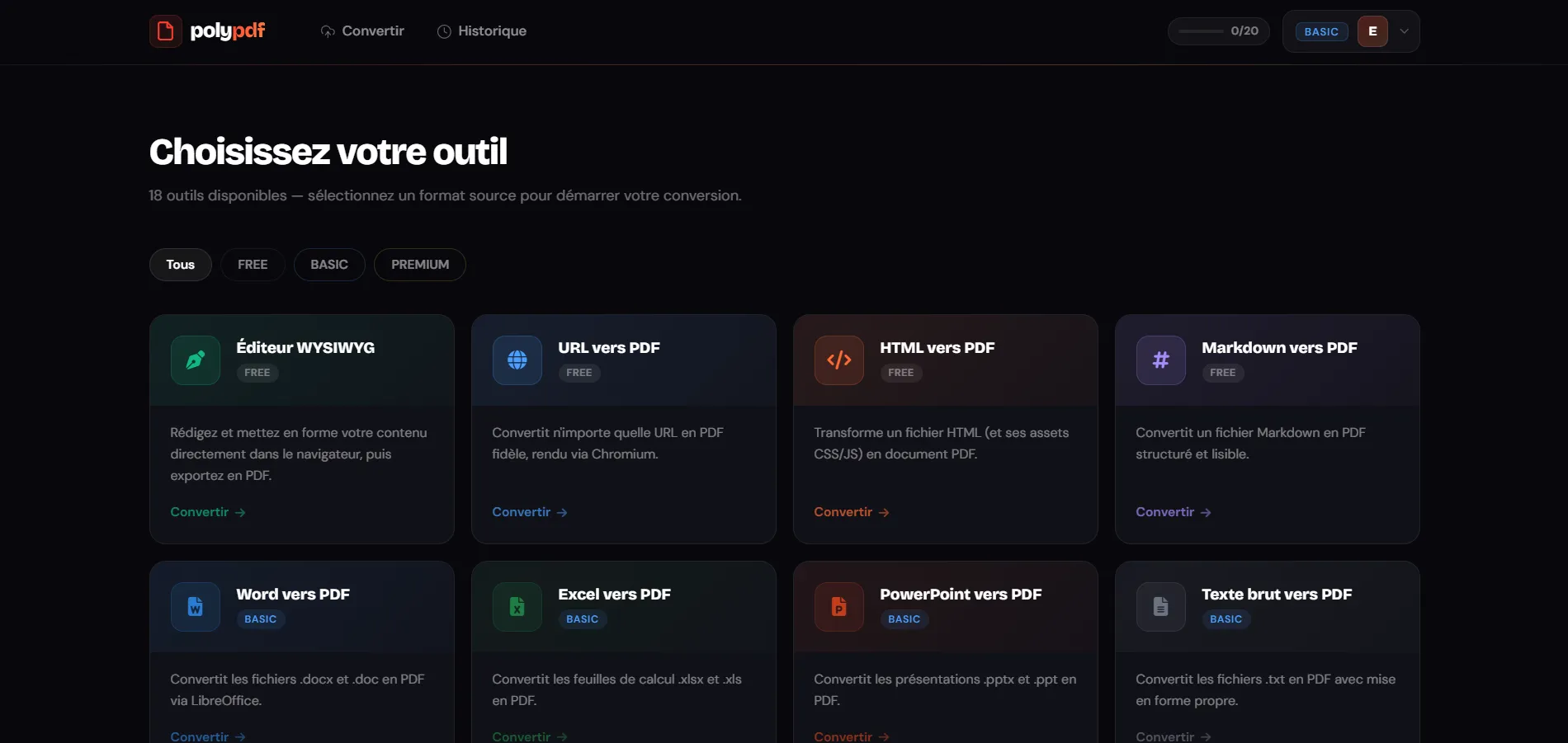 Outils disponibles — Polypdf — Micro-service de conversion et génération de PDF